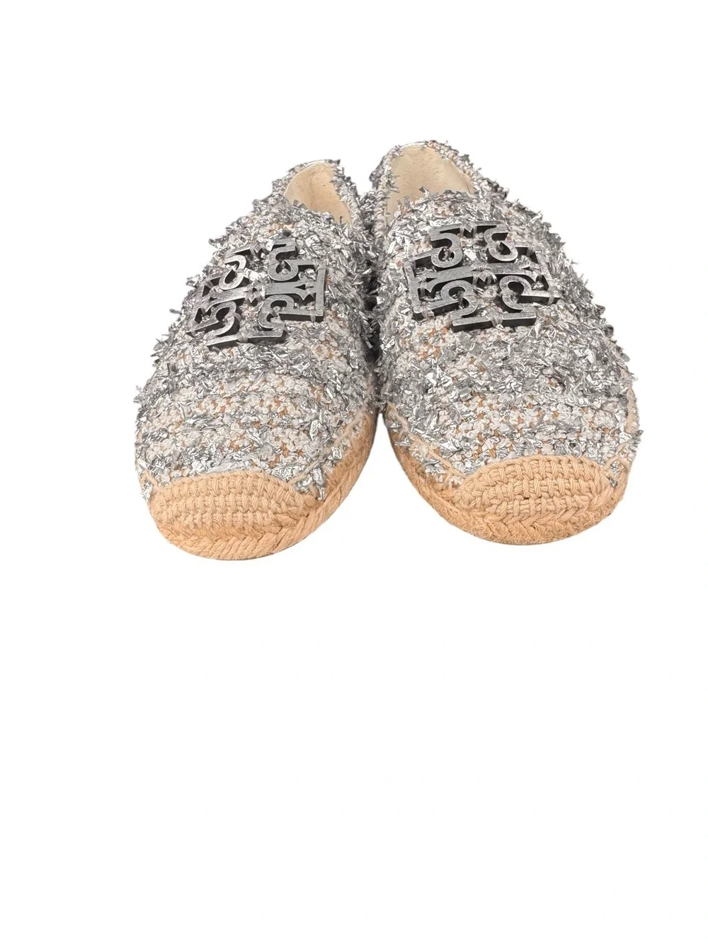 Tory Burch Cream and Silver Tweed Espadrilles with Logo, NWOT